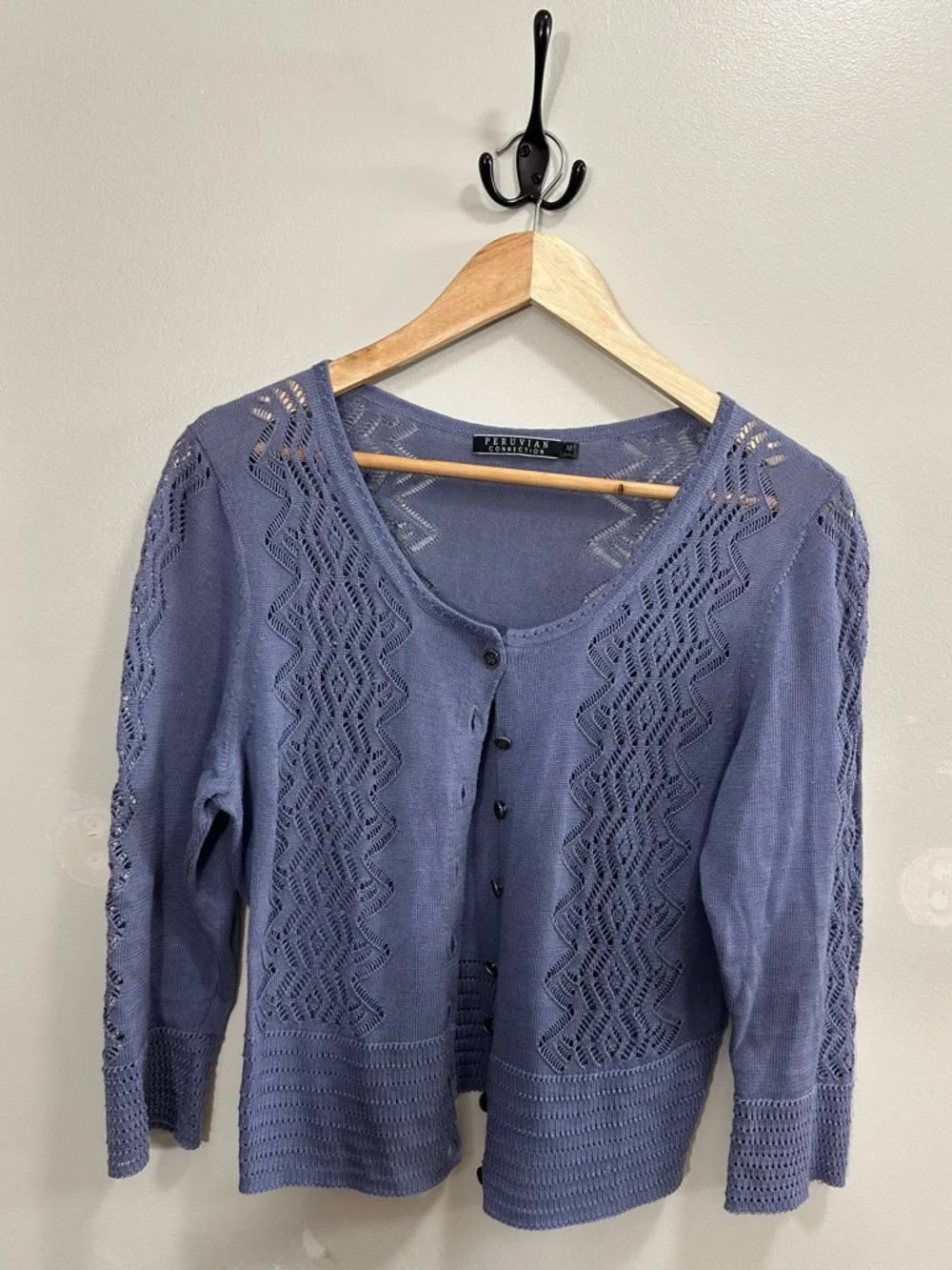 Peruvian Connection Blue/ Purple Crochet Knit Button Cardigan Size M - Picture 1 of 8